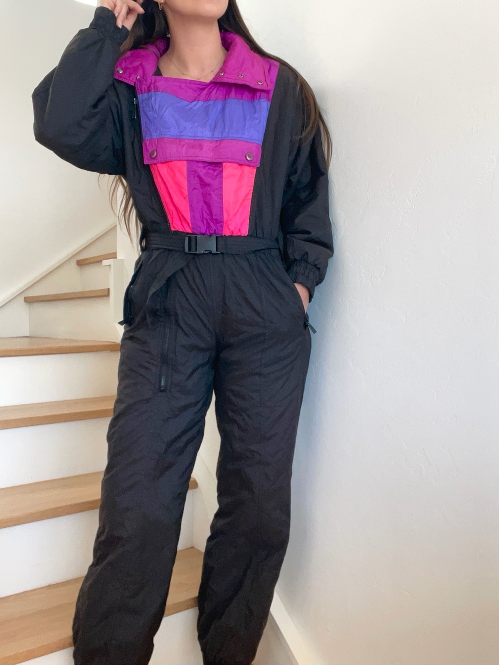 Vintage Downhill Racer Neon Black Purple Pink Snowboard Winter Ski Suit Small